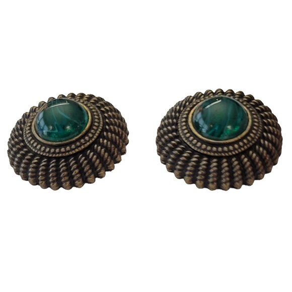 Ben Amun Flawed Emerald Green Glass Cab Clip-On Earrings, Signed E639 - Picture 5 of 14